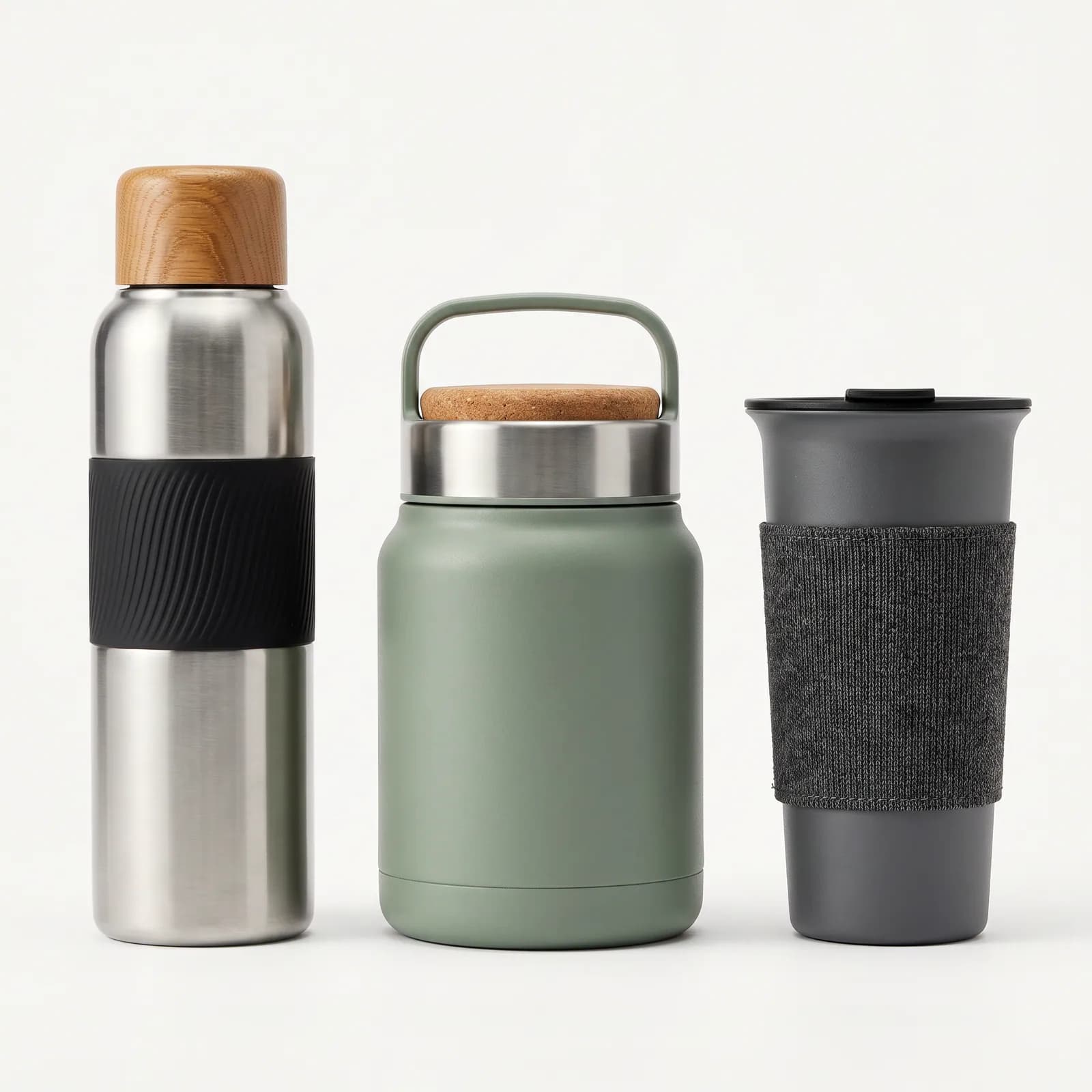 Familia de termos y botellas KLYNN en acero, con detalles en madera, corcho y textil.