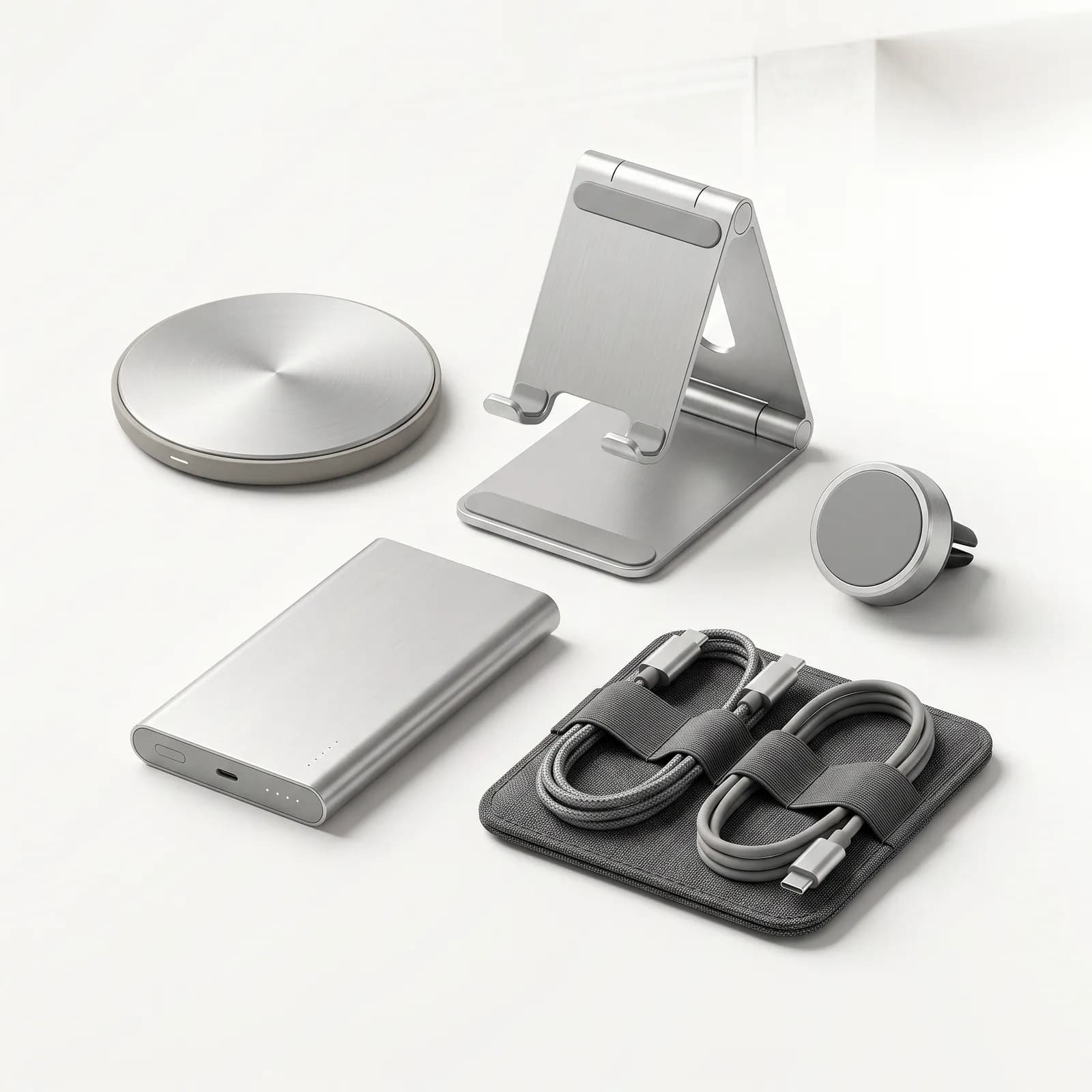 Ecosistema de accesorios tecnológicos KLYNN: base de carga, soporte, montura magnética, batería y organizador de cables.